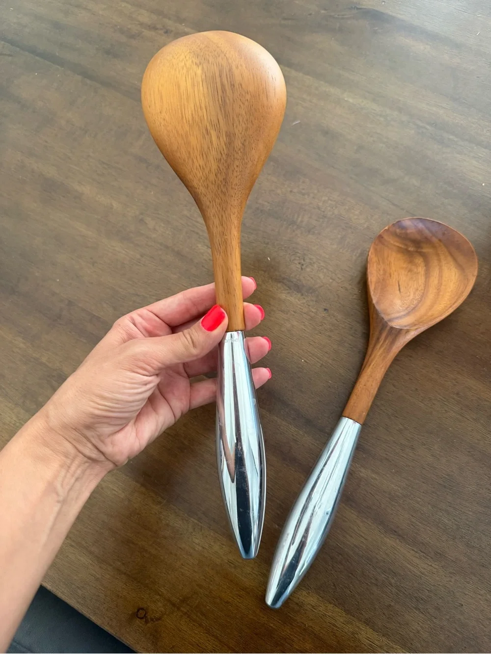 Nambe Wooden Serving Spoons with Silver Handles - Brown and Silver Set of 2